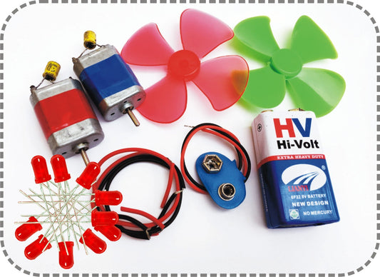 Hobby Kit A – 2 DC Motors, 2 Fans, 9V Battery, Snapper & 10 Red LEDs