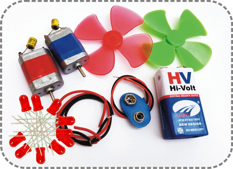 Hobby Science Project Material Kit (Set A). with Usage Manual. Having 2 DC Toy Motors, 2 Fans, 9V Battery, Battery Snapper/Cap, 10 Red LEDs