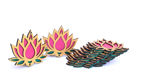 StepsToDo Wooden Lotus Flower Cutouts – Set of 12 | Golden, Rose Pink & Green | Diwali DIY Craft Kit | Decorative for Pooja, Festival, Wedding Return Gifts