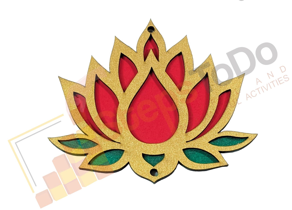 Wooden Lotus Rangoli Cutouts – Golden & Bright Red