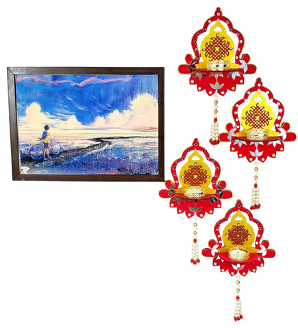 StepsToDo Wooden Hand-Painted Diya Jharokha for Wall Decoration | Mirror Work Traditional Tealight Holder | Festive Pooja Home Temple Decor | Red & Yellow Pearl Hanging Diya