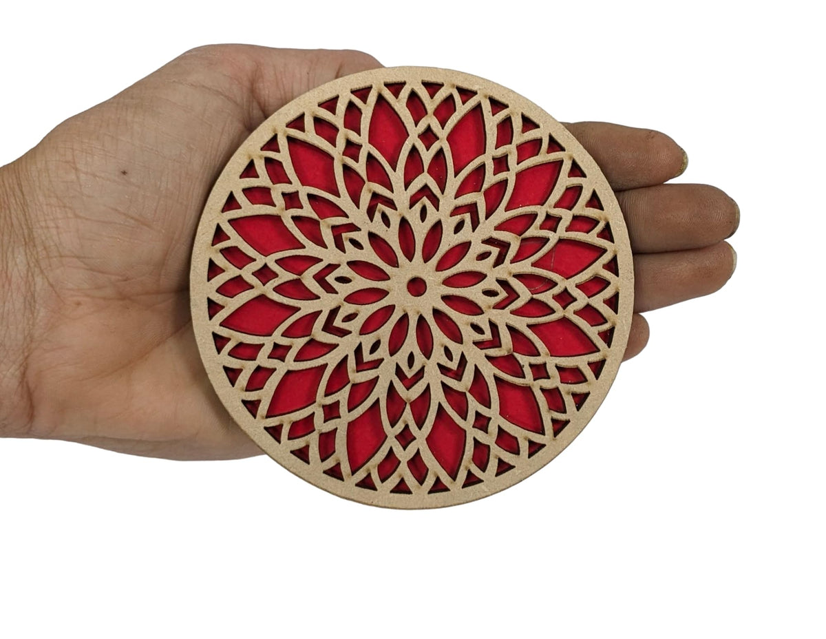 Double-Layer Geometric Mandala Wooden Coasters with Holder – Set of 6