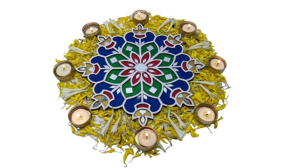 Ready-to-Use Wooden Rangoli Mat with Mirror Work – Design A, 11.5 Inch