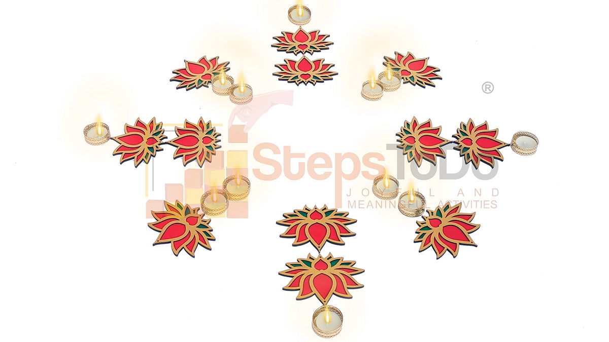 Wooden Lotus Cutouts – Set of 12, Golden, Bright Red & Green