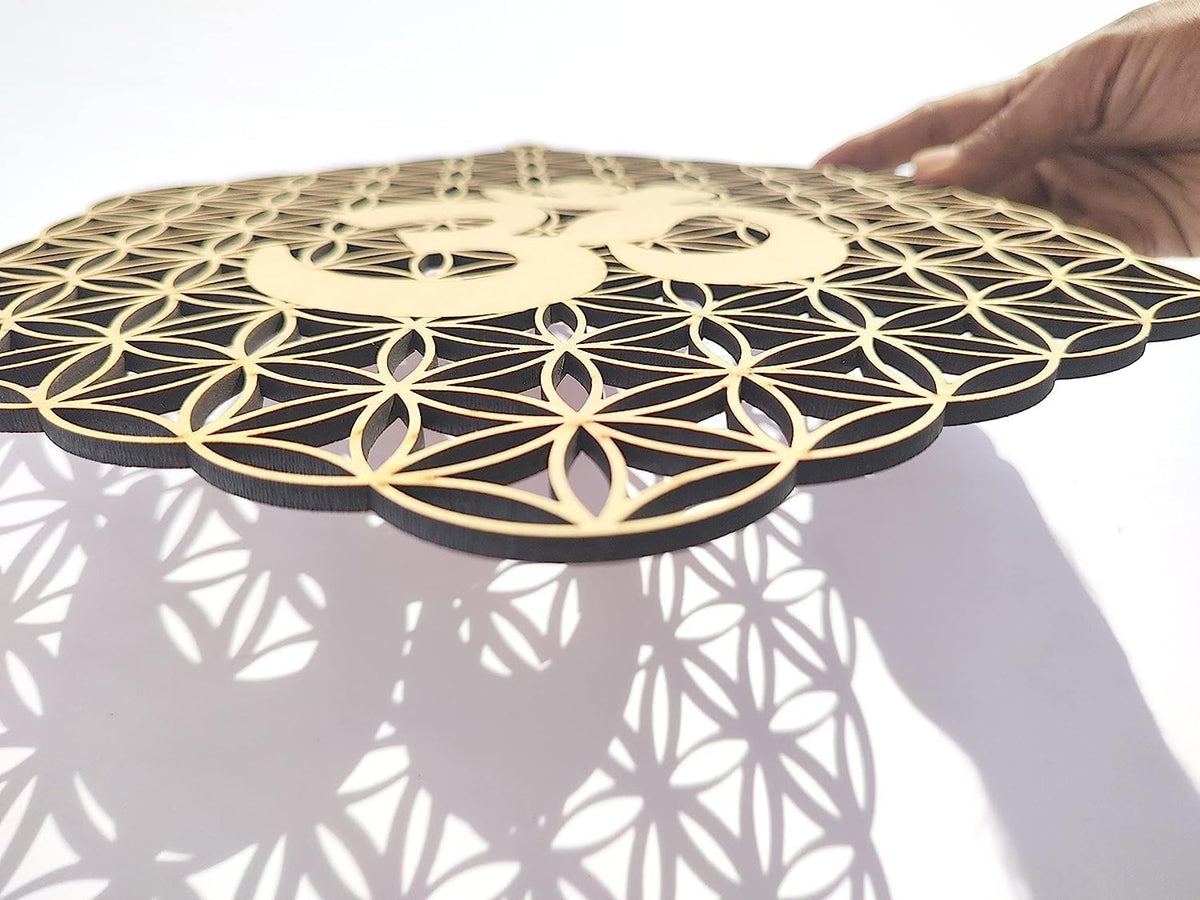 Flower of Life with OM – Hand-Painted Wooden Wall Art