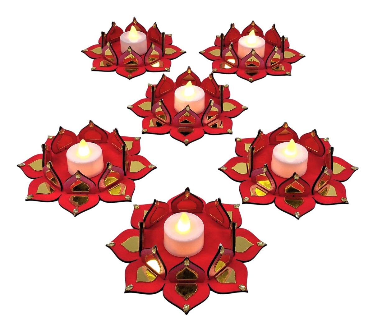 Reversible Wooden Lotus Tealight Holders with Mirror Work – Set of 2