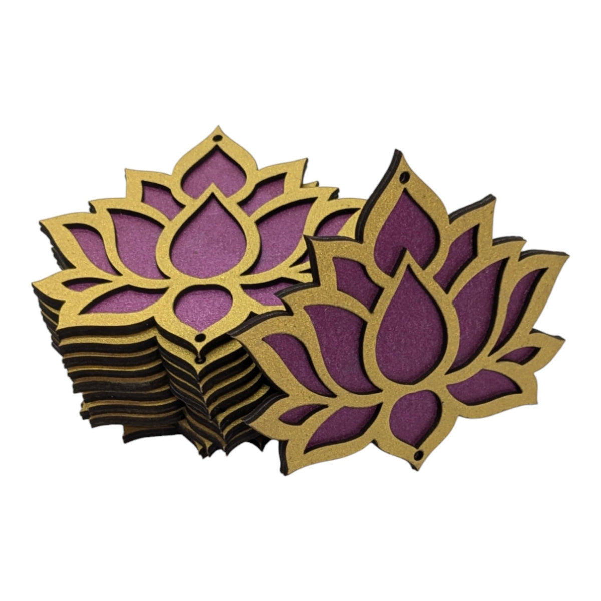 Wooden lotus cutouts in golden and purple, set of 12