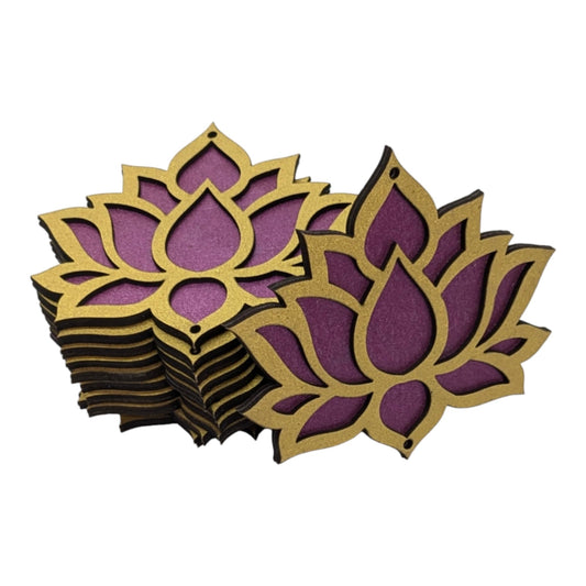Wooden lotus cutouts in golden and purple, set of 12