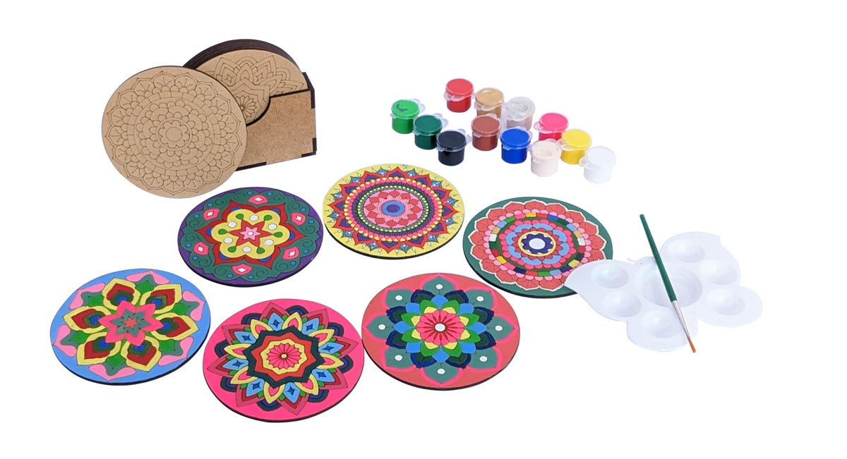 Mandala Coaster Painting Kit – 6 Circular 4-Inch Bases, Case & Paints