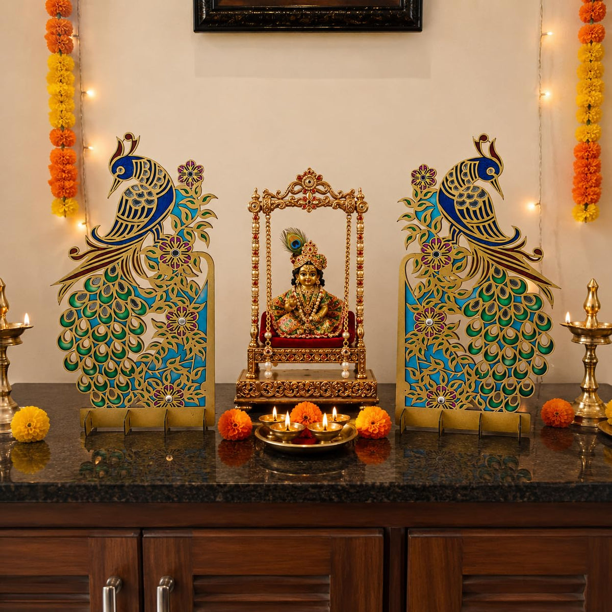 Hand-Painted Peacock Stands with Mirror Work – Pair