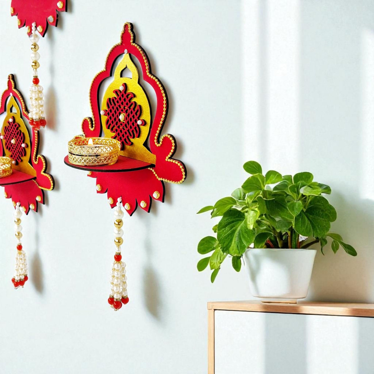 Hand-Painted Diya Jharokha – Red & Yellow, Mirror Work & Pearl Hanging