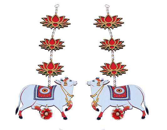 Handmade Pichwai cow and lotus hangings in jhumki style