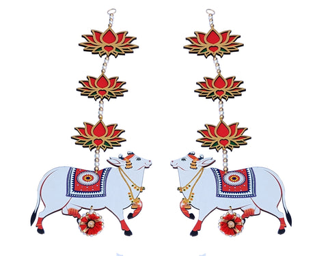 StepsToDo Pithcwai Cow and Lotus Hanging. Handmade Wall Decor. Jhumki Style Hanging. Cow Cutouts. for Home, Wedding and All Festivals Decor.