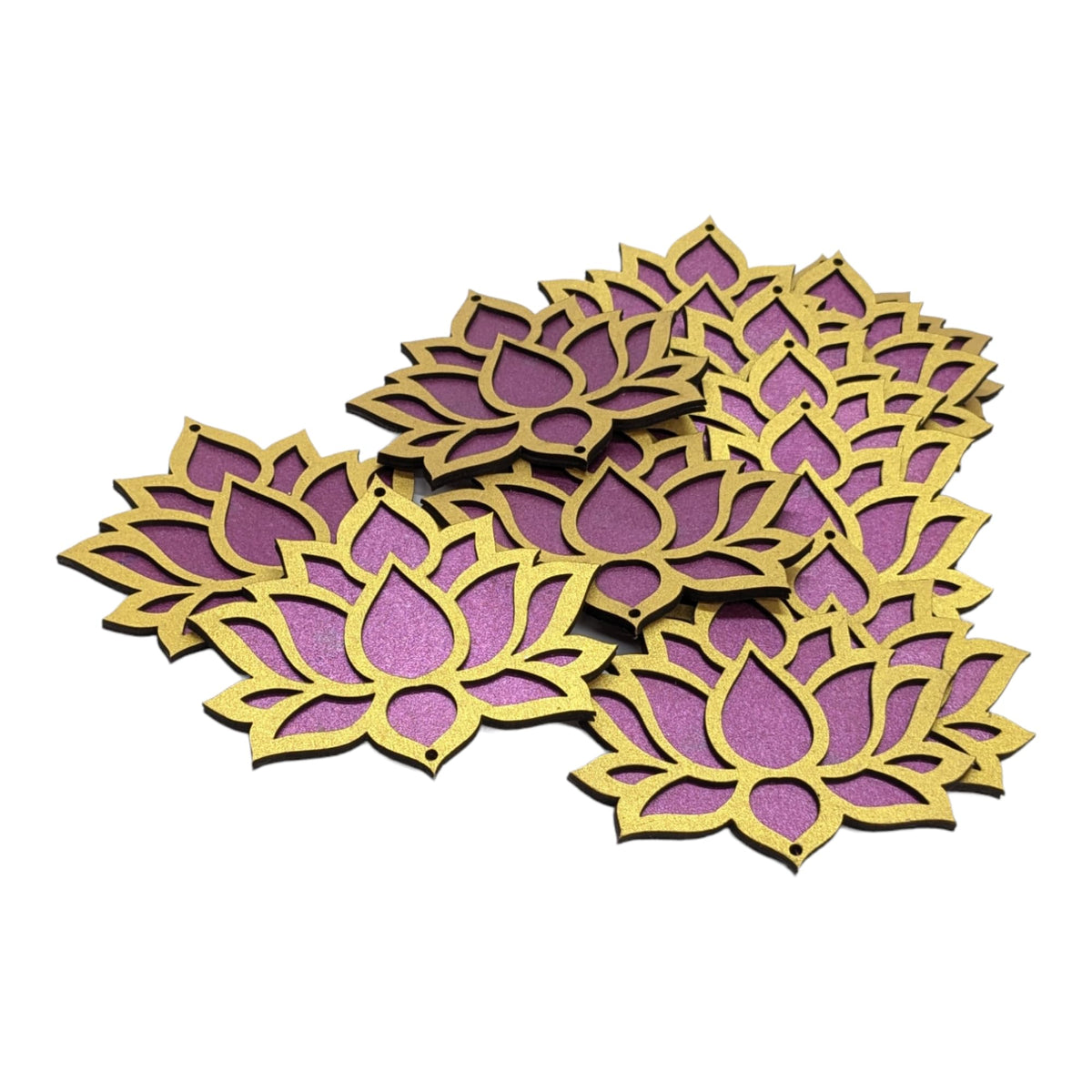 Wooden Lotus Cutouts – Set of 12, Golden & Purple