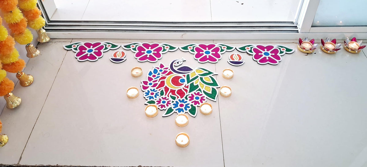 Floating Rangoli Set of 10 – Peacock, Borders, Diyas & Flower Mats (Reusable)
