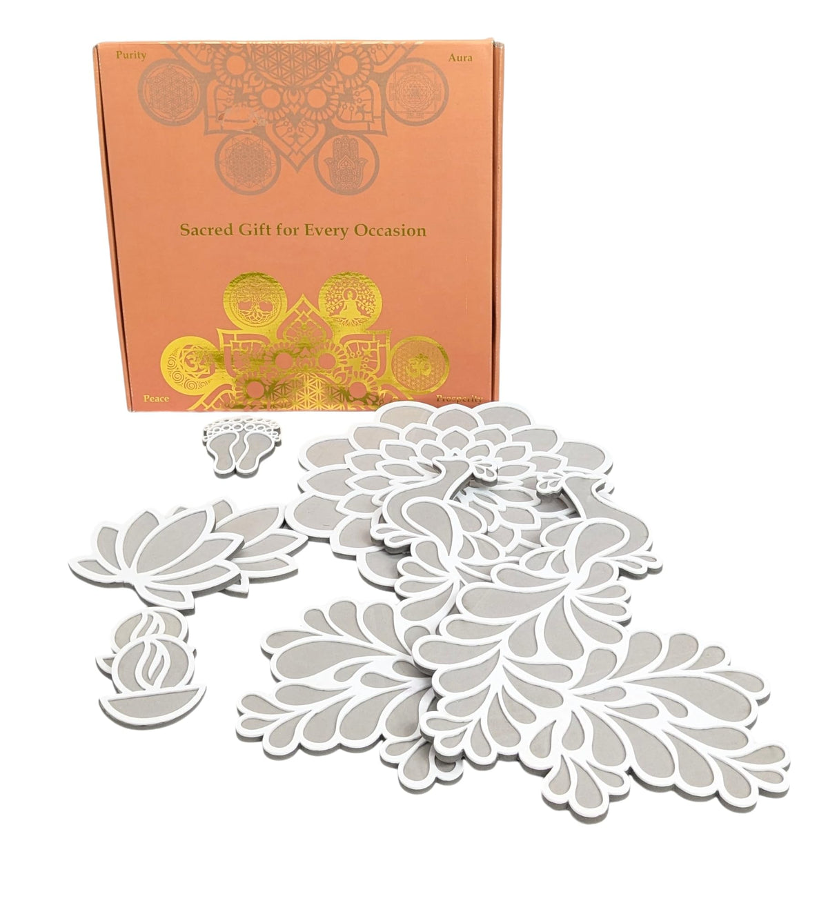 Peacock & Mandala Floating Rangoli – 9 Pieces with Lotus, Diya & Laxmi Paduka