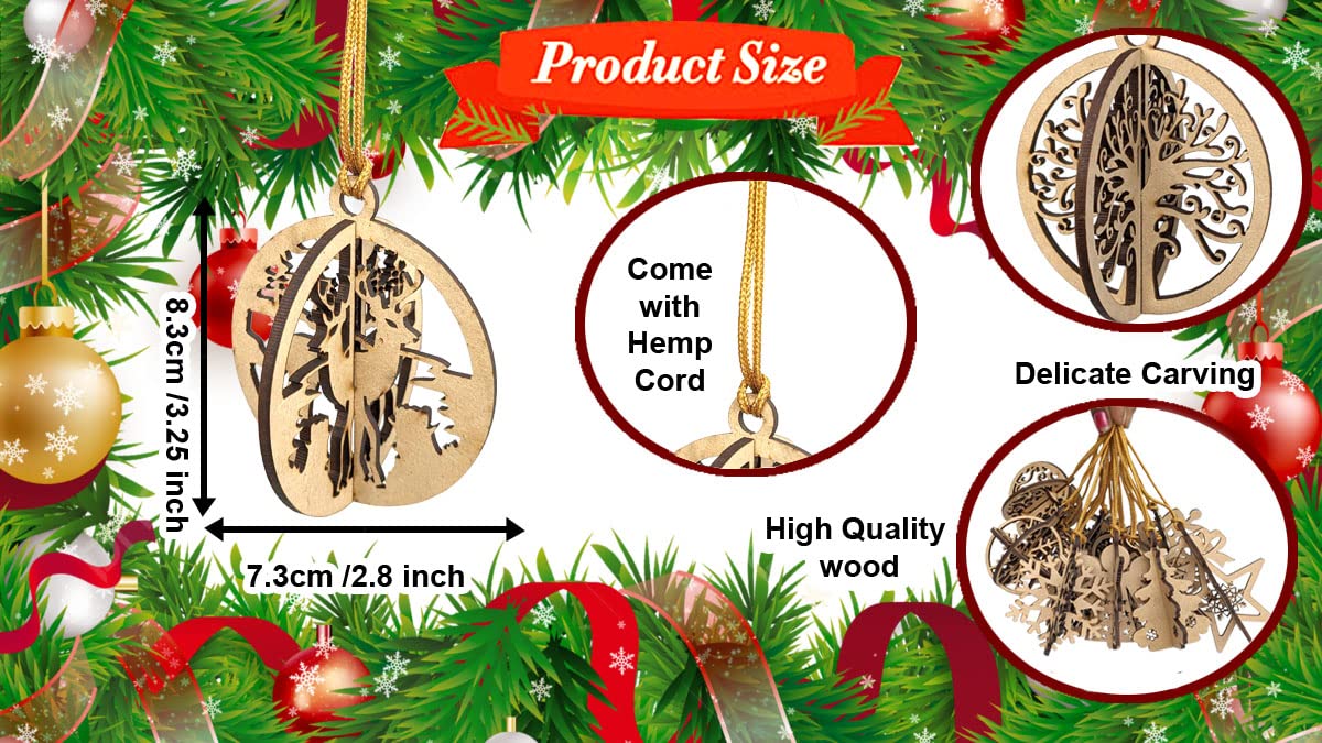 3D Wooden Christmas Ornaments – Set of 16