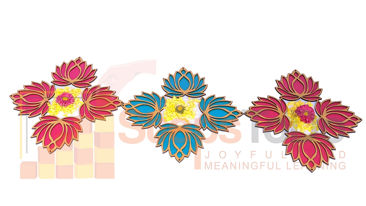 Golden-Framed Wooden Lotus Cutouts – 12 Pieces, 6 Pink & 6 Blue