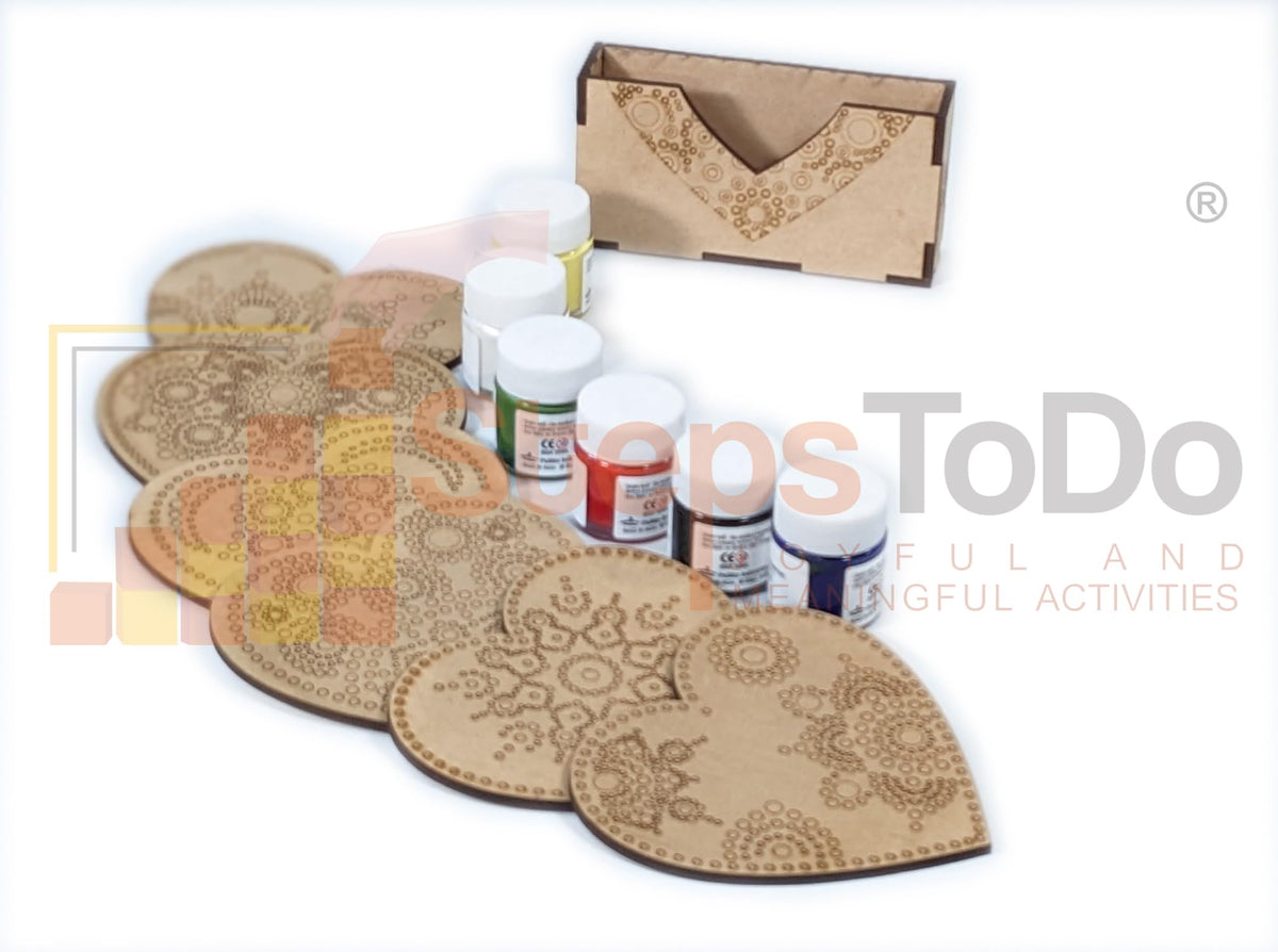 Heart Mandala Painting Kit G – 6 × 4-Inch Coasters, 10 Tools, Paints & Holder