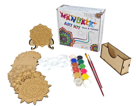 StepsToDo Wooden Mandalas Paint Kit B. Tea Coaster Set. Mandal Art. Set of 6 of Pre-Engraved Coasters of 4 inch. with Case, Colours, Painting Brush, Stand and Dish.