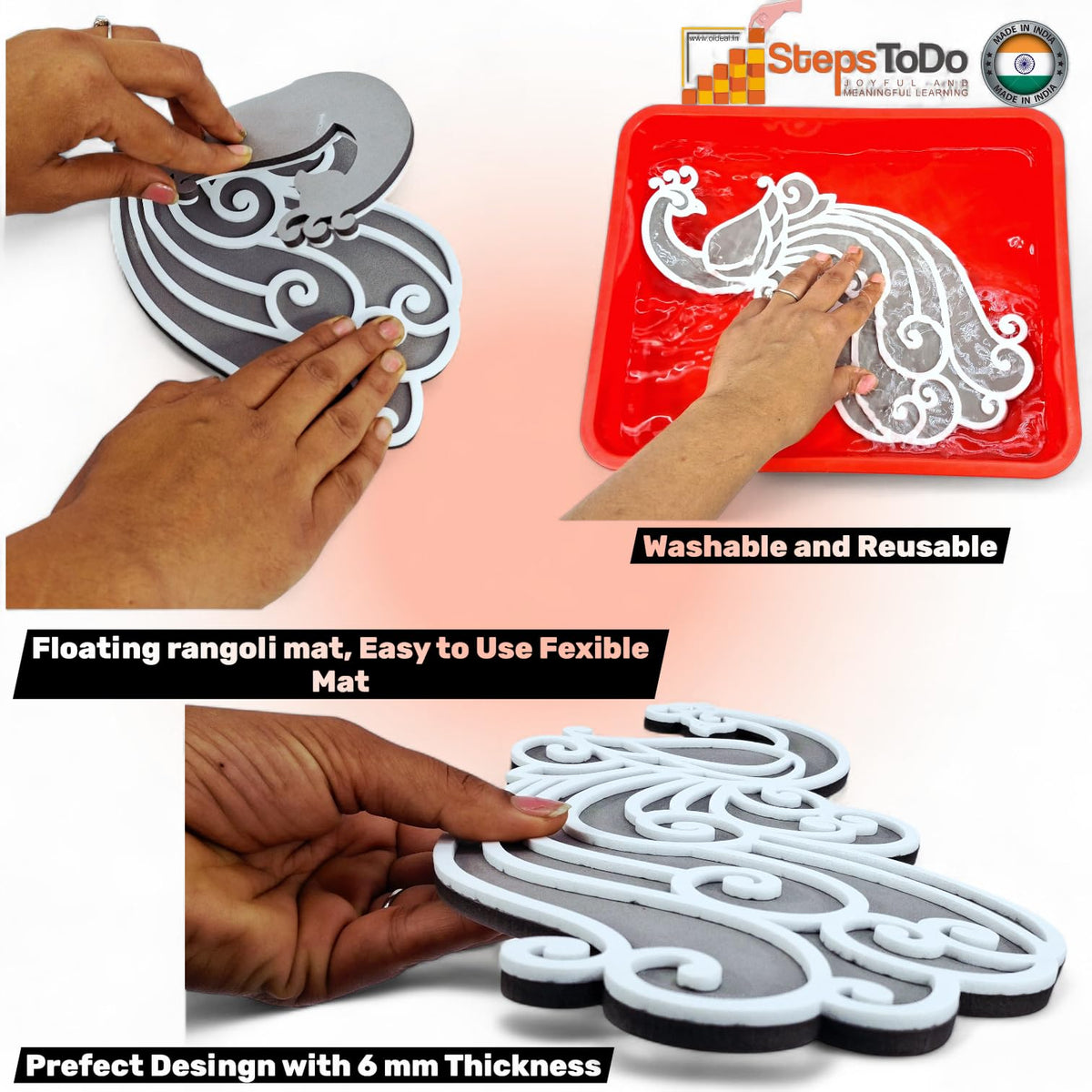 Floating Rangoli Set of 8 – Peacocks, Lotus, Diyas & Laxmi Foot Mats (Reusable)