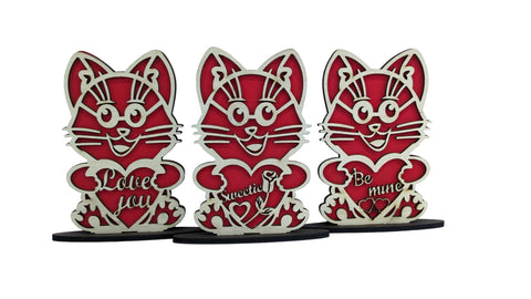 StepsToDo Set of 3 Love You Kitty Wooden Standees. Valentine Message Card. Cute Cats in Red and Unfinished Birch Wood. Romantic Couple Gift Idea. Anniversary Greetings Cards. Table Decoration