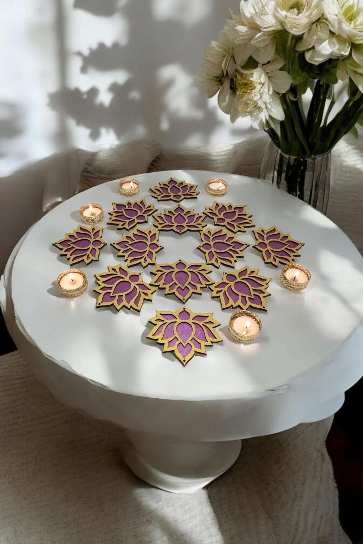 Wooden Lotus Cutouts – Set of 12, Golden & Purple