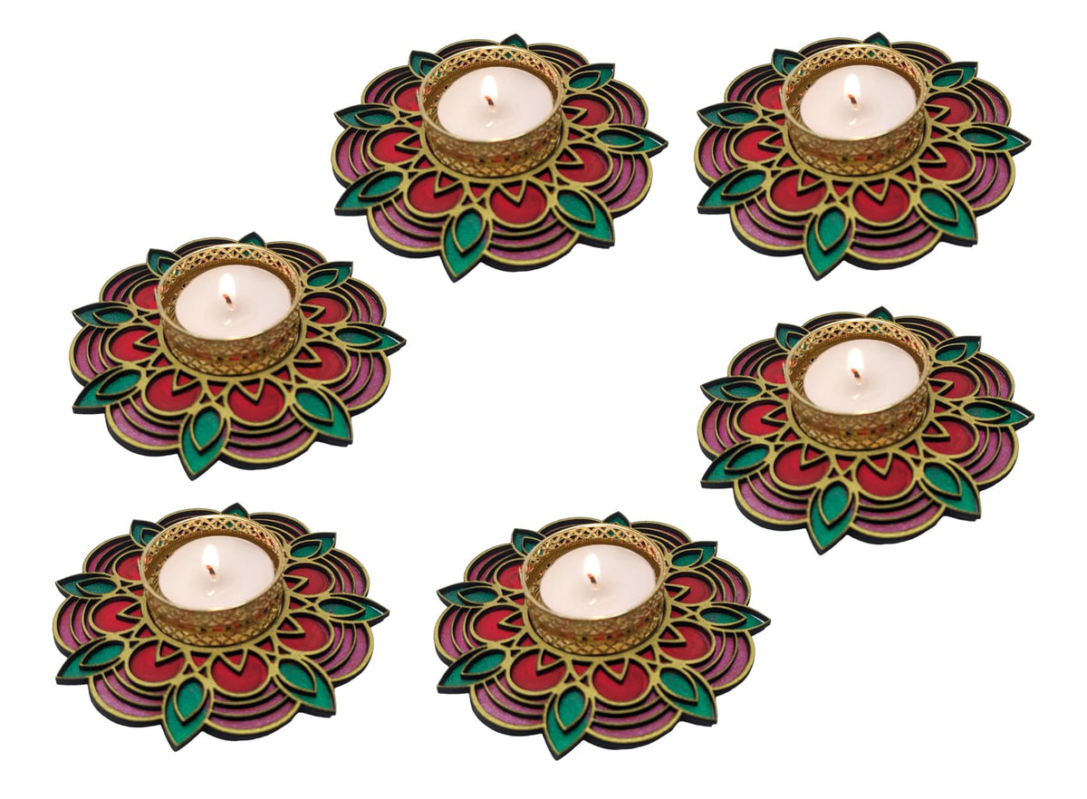 Hand-Painted Wooden Tealight Holder (Diya Stand) – Type 2, 4 Inch