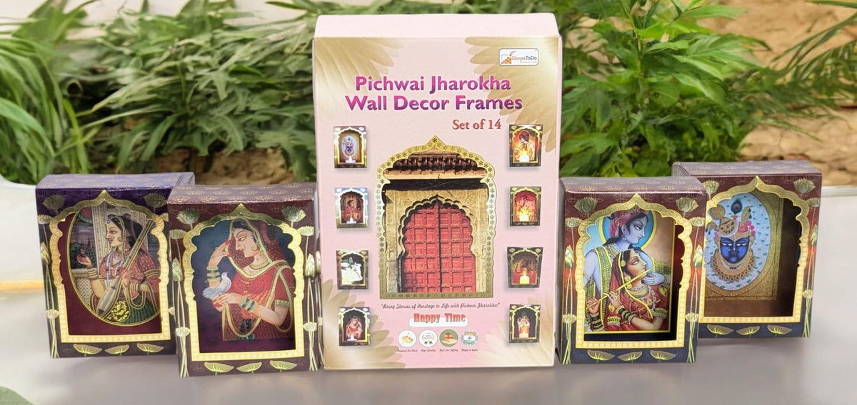 Pichwai Jharokha Wall Décor Box Frames with LED Candle – Pack of 16