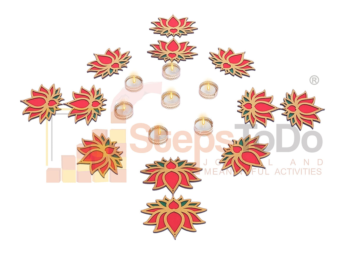 Wooden Lotus Cutouts – Set of 12, Golden, Bright Red & Green