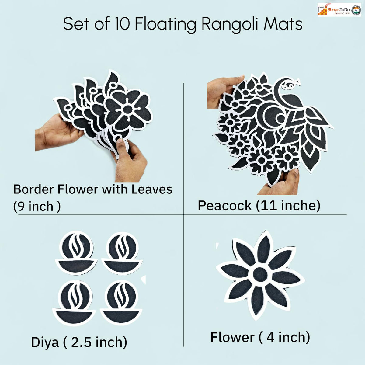 Floating Rangoli Set of 10 – Peacock, Borders, Diyas & Flower Mats (Reusable)