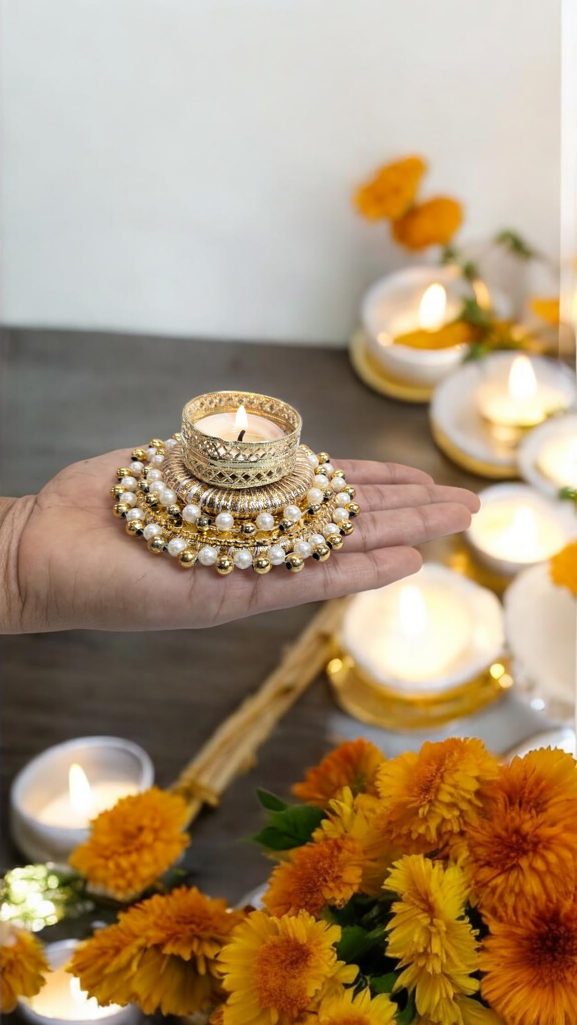 Golden & White Pearl Tealight Holders – Set of 4