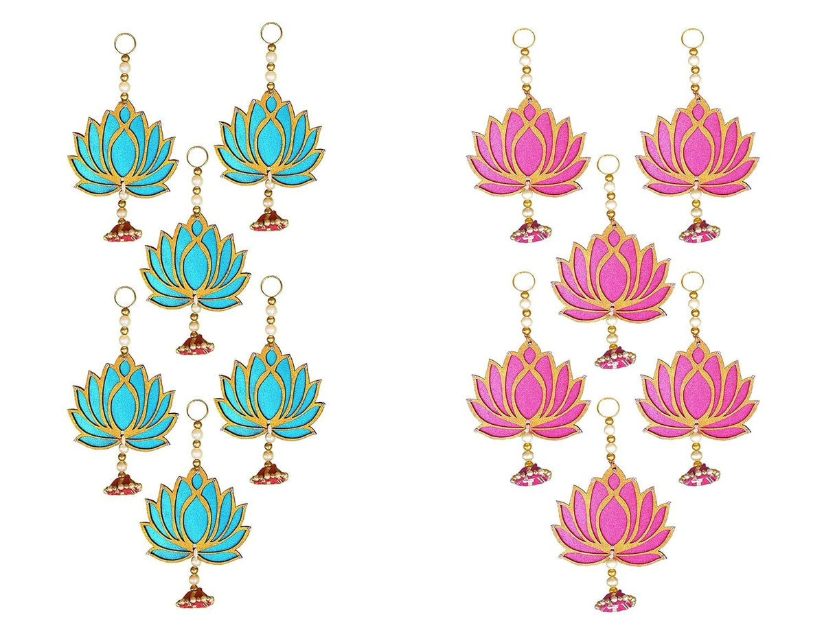 Double-sided hanging wooden lotus cutouts in rose pink and ocean blue