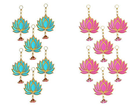 StepsToDo Two Sided Hanging Wooden Lotus Cut-Out. Rose Pink and Ocean Blue Colored Handicraft. Decoration for Diwali, Dashera, Pooja, Decorations, Festival Gift, Wedding Decorations.