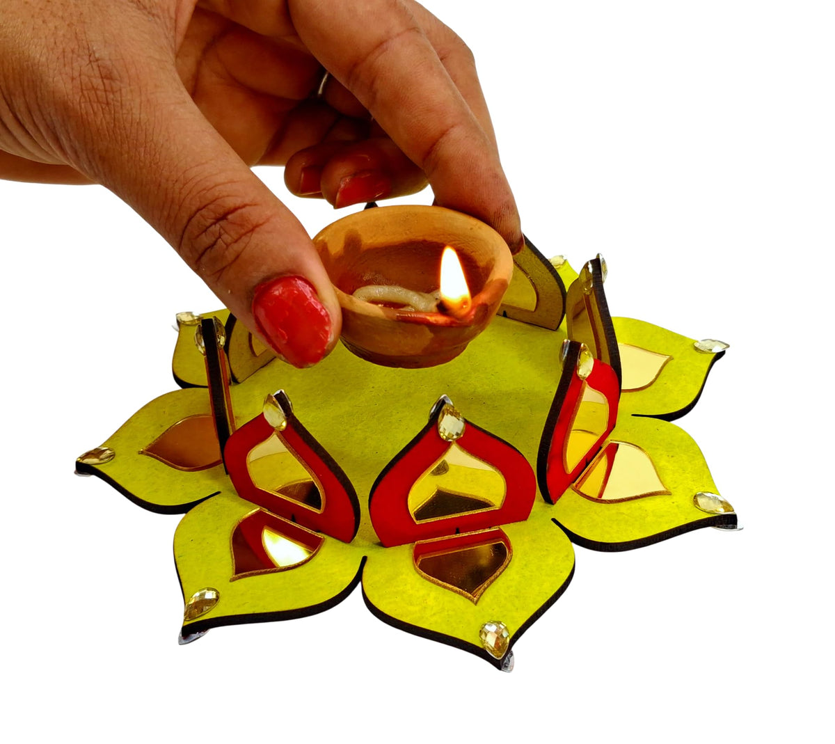 Reversible Wooden Lotus Tealight Holders with Mirror Work – Set of 2