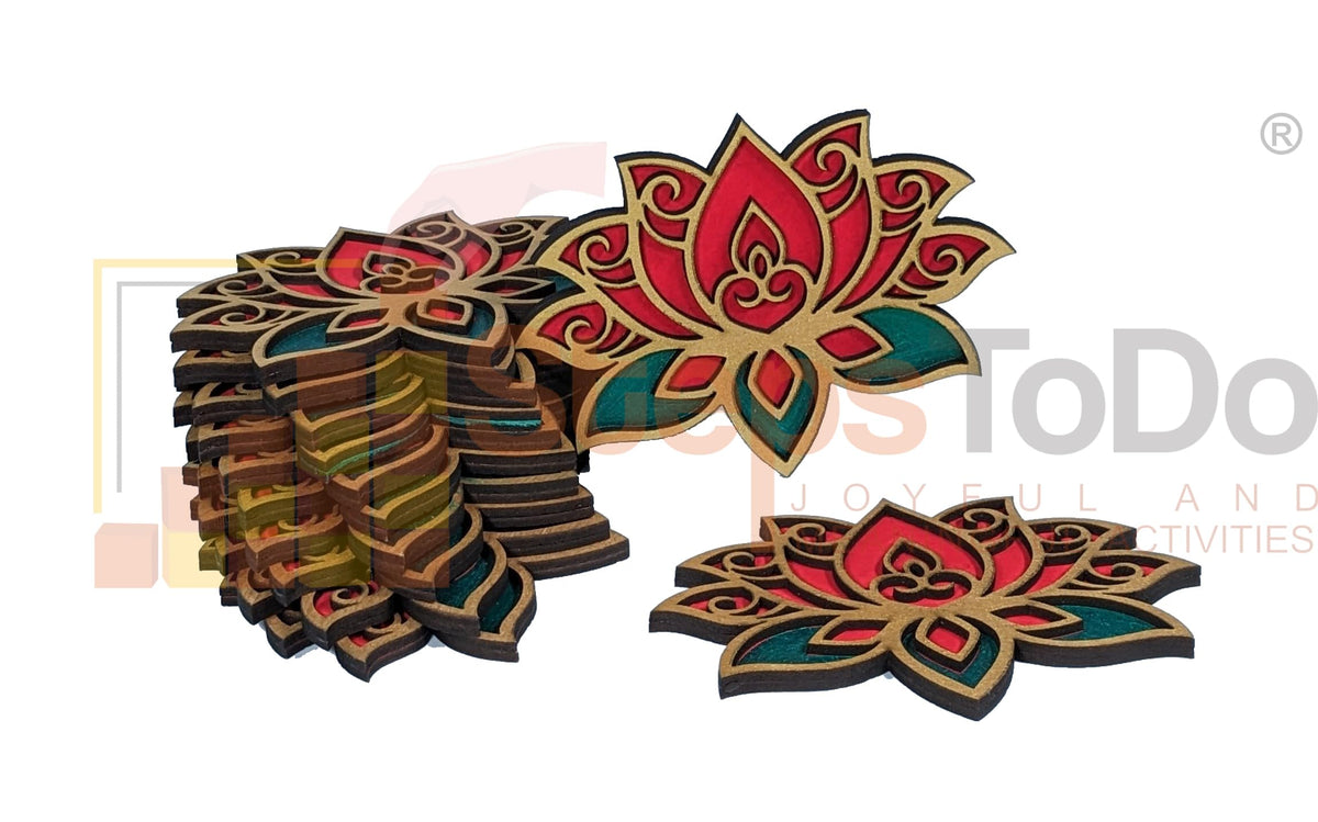 Designer Wooden Lotus Rangoli Cutouts – Golden, Red & Green
