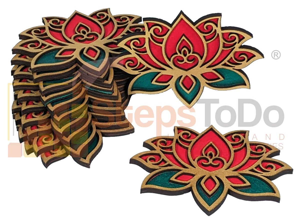 Designer Wooden Lotus Rangoli Cutouts – Golden, Red & Green