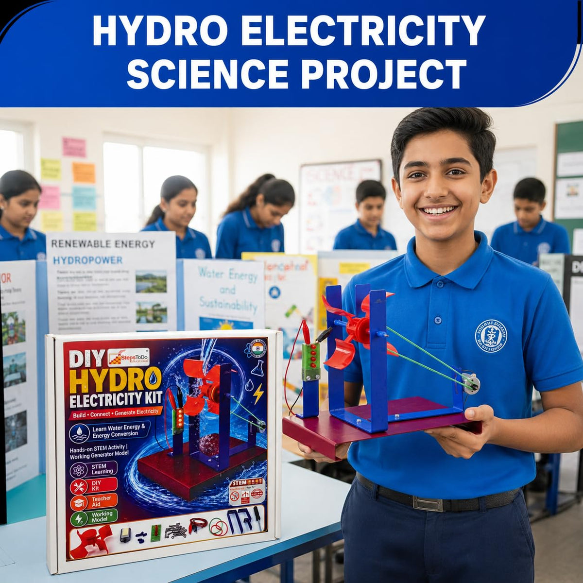 टर्बाइन, मोटर और LED बोर्ड के साथ जलविद्युत STEM किट