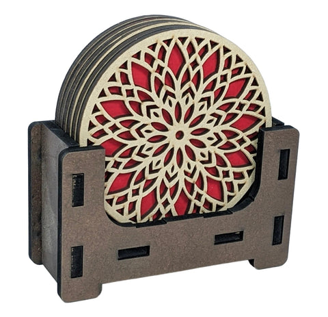 StepsToDo Set of 6 Double Layer Geometric Mandala Wooden Coasters with Holder – Decorative Drink Coasters for Tabletop Protection. Coasters Set of 6.