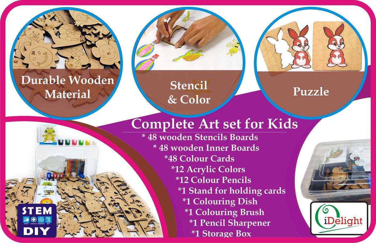 OiDelight Wooden Drawing, Colouring & Puzzle Stencil Kit