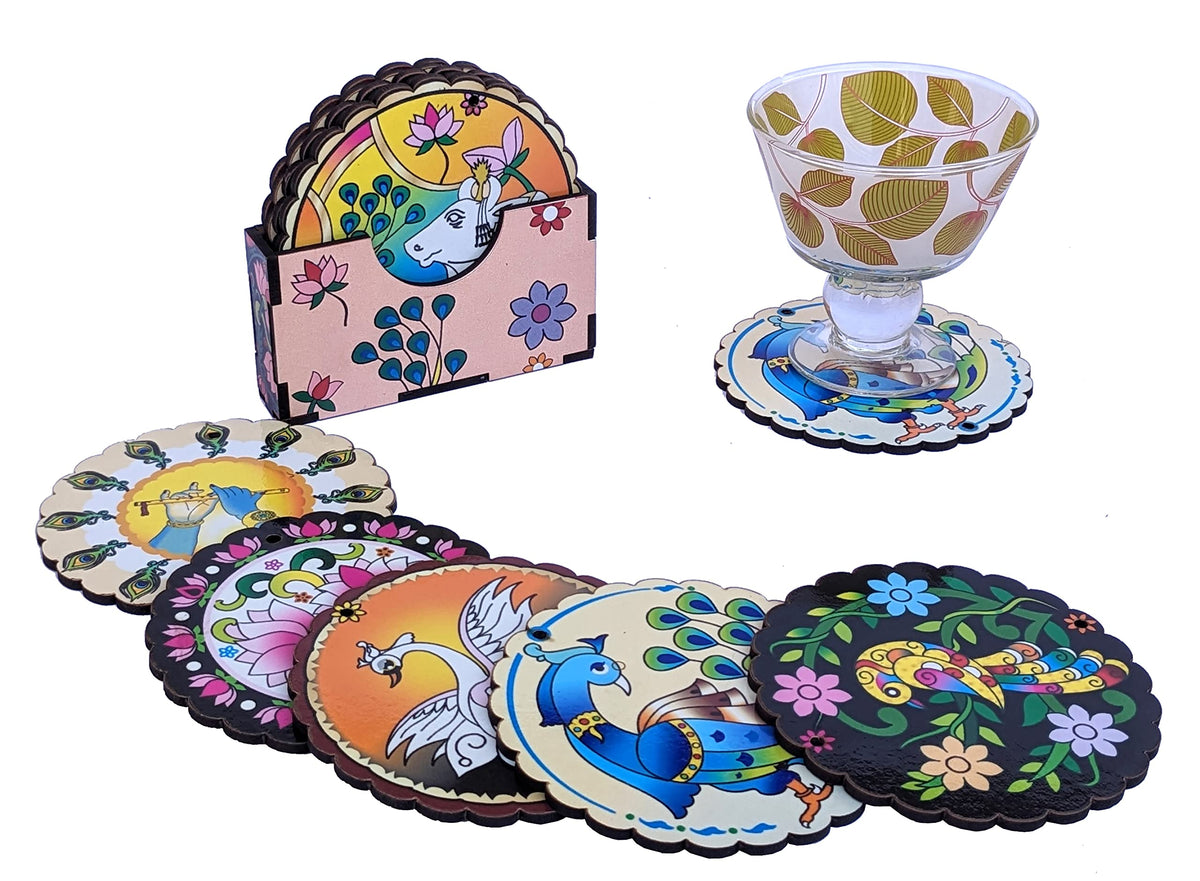 Pichwai Art Printed Wooden Coasters with Holder – Set of 6