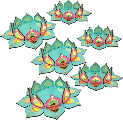 StepsToDo Reversible Lotus Tealight Candle Holders – Set of 2 | Dual-Sided Wooden Diya with Mirror Work | Handcrafted Festival Décor for Diwali, Pooja, Mandir & Gifting (2, Pink_Ocean Bule)