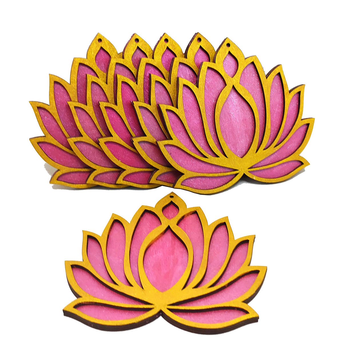 Wooden Lotus Cutouts – Set of 6, Golden & Rose Pink