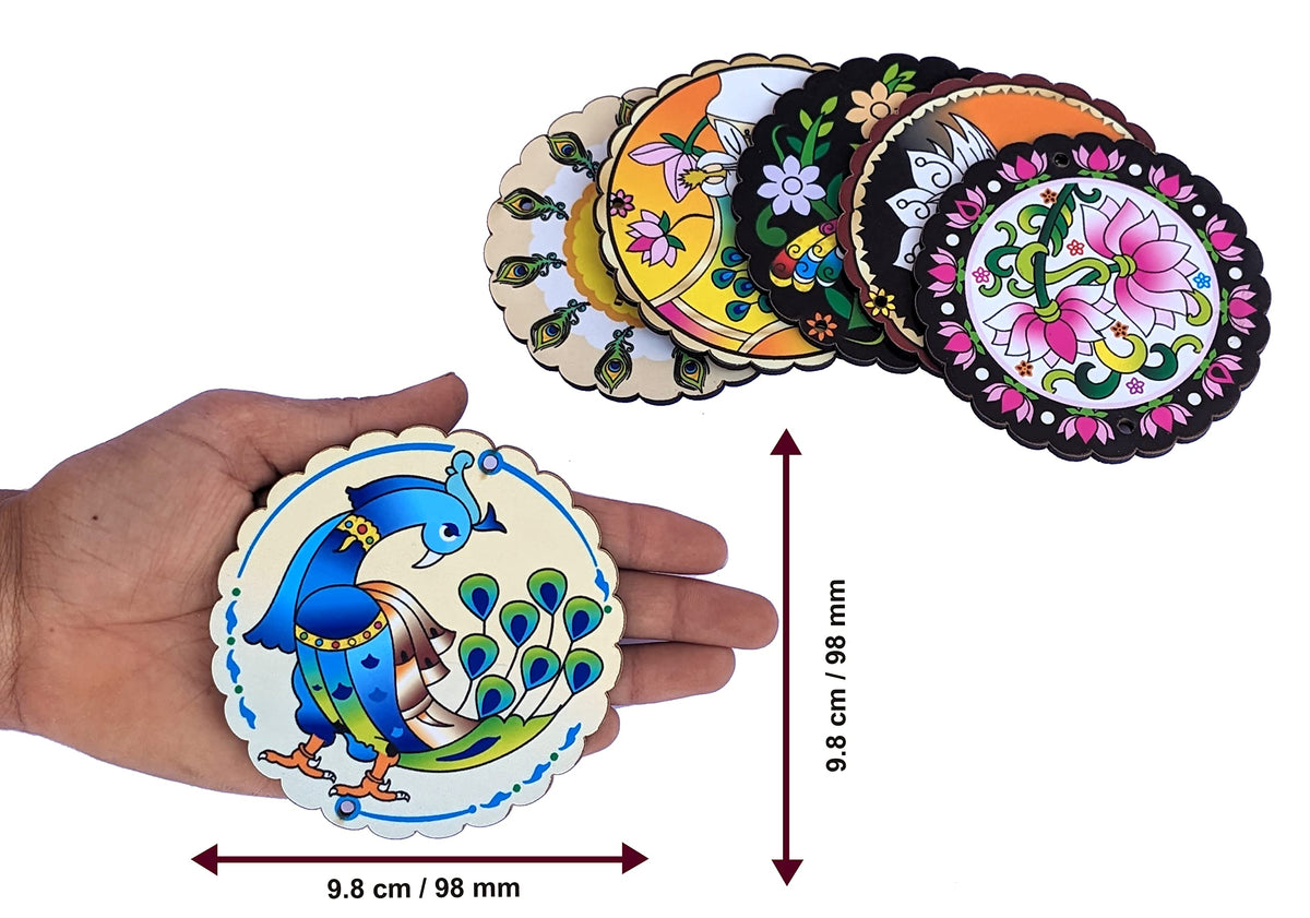 Pichwai Art Printed Wooden Coasters with Holder – Set of 6