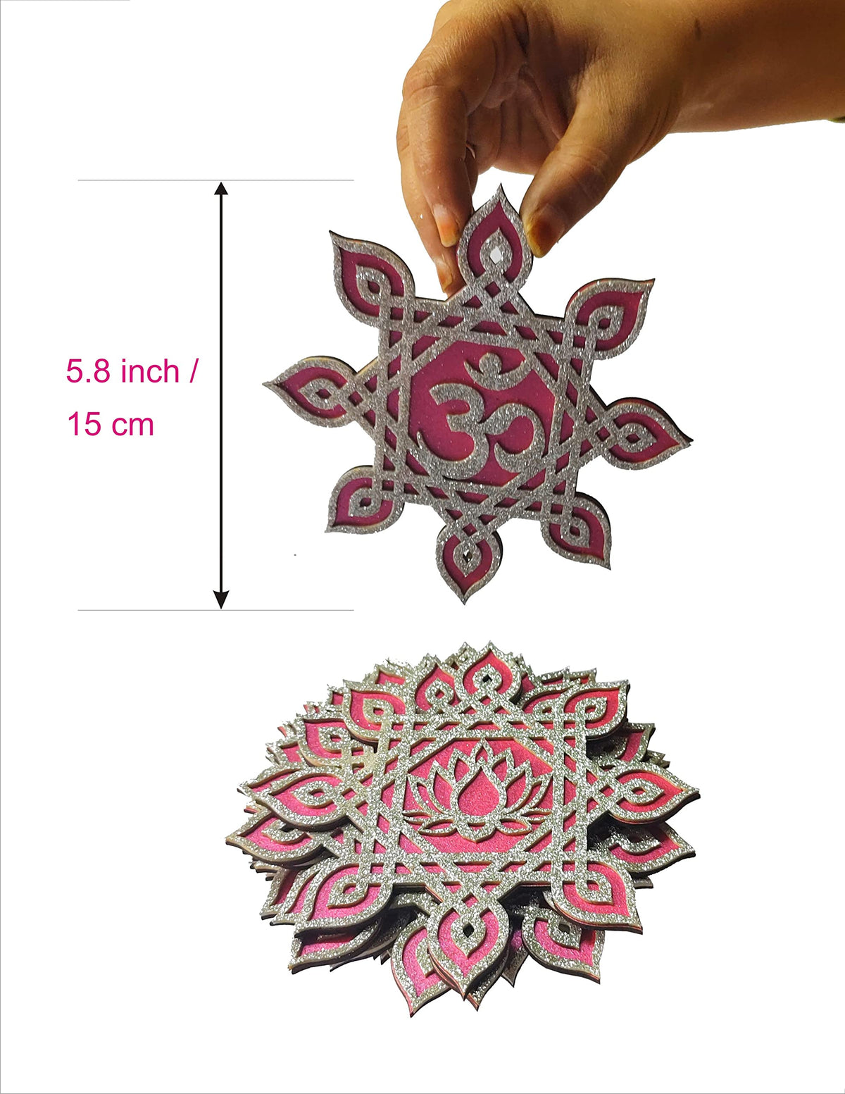 Kolam/Muggu Décor – Set of 16, 4 Inch, Rose Pink & Silver