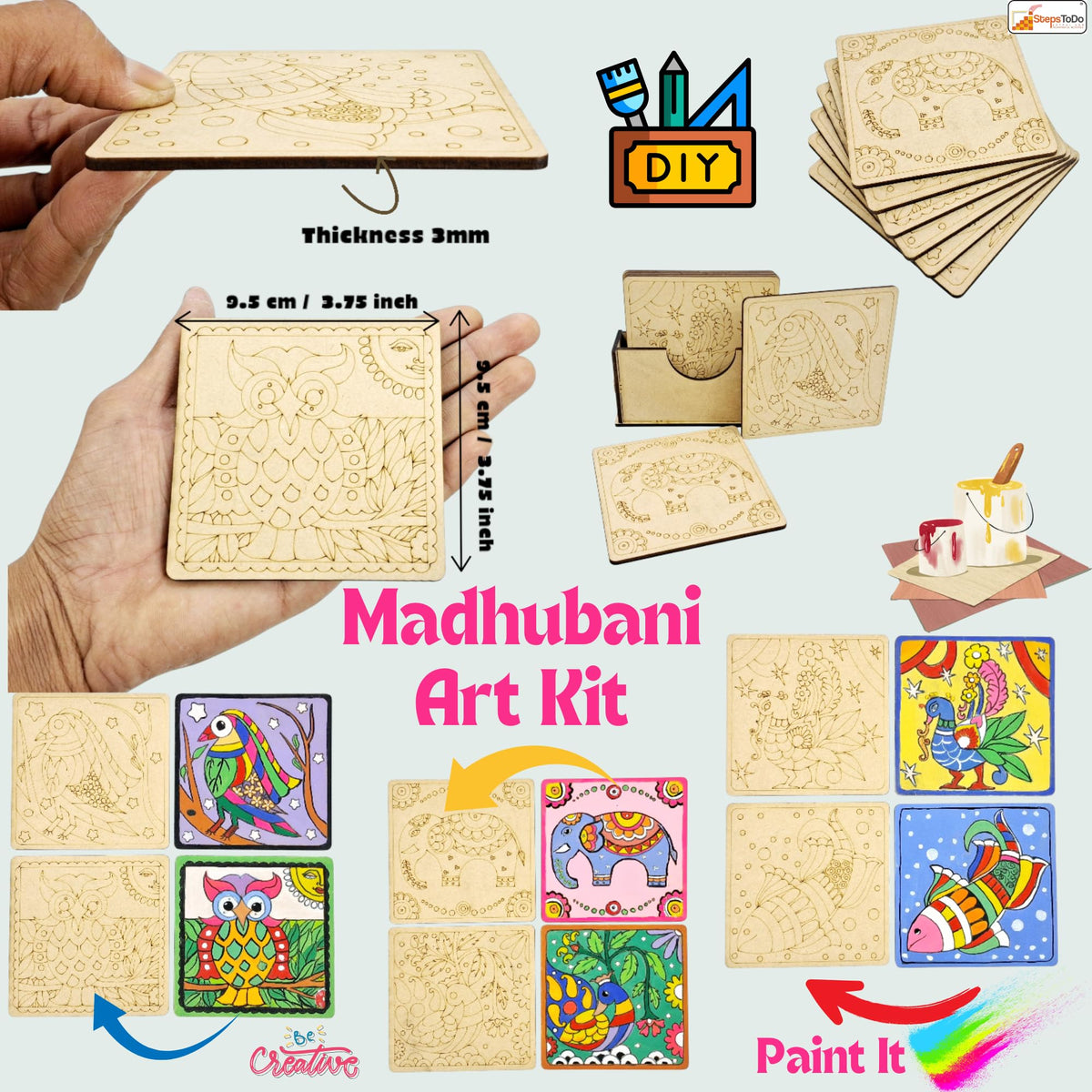 Madhubani Coaster Painting Kit – 6 Coasters, 12 Colours, Holder & Stand