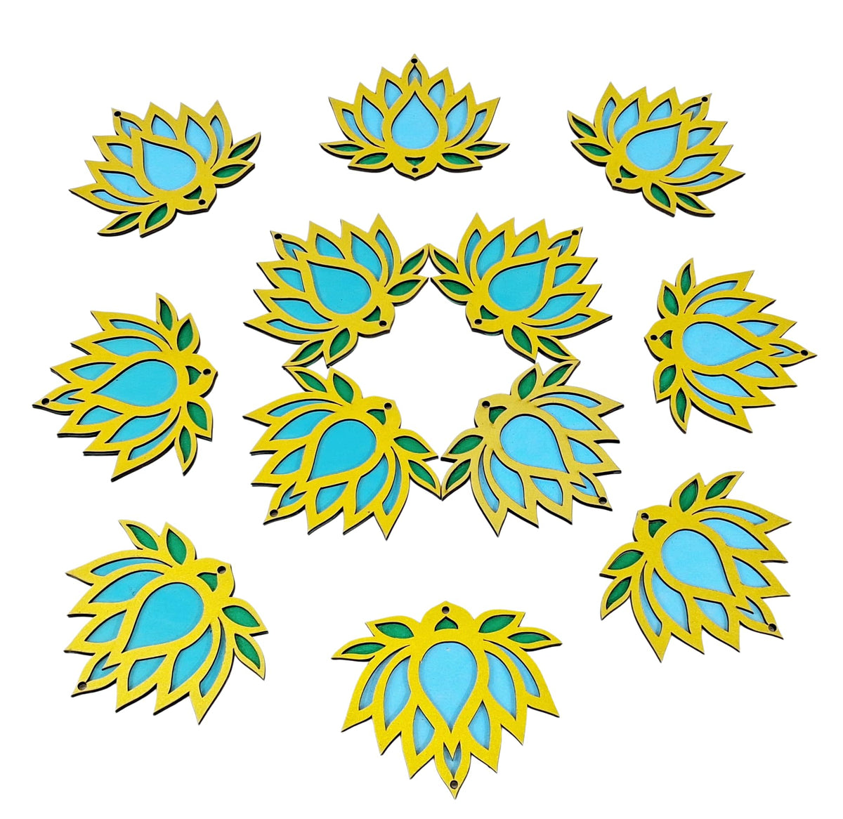 Wooden Lotus Cutouts – Set of 12, Golden with Choice of Colour