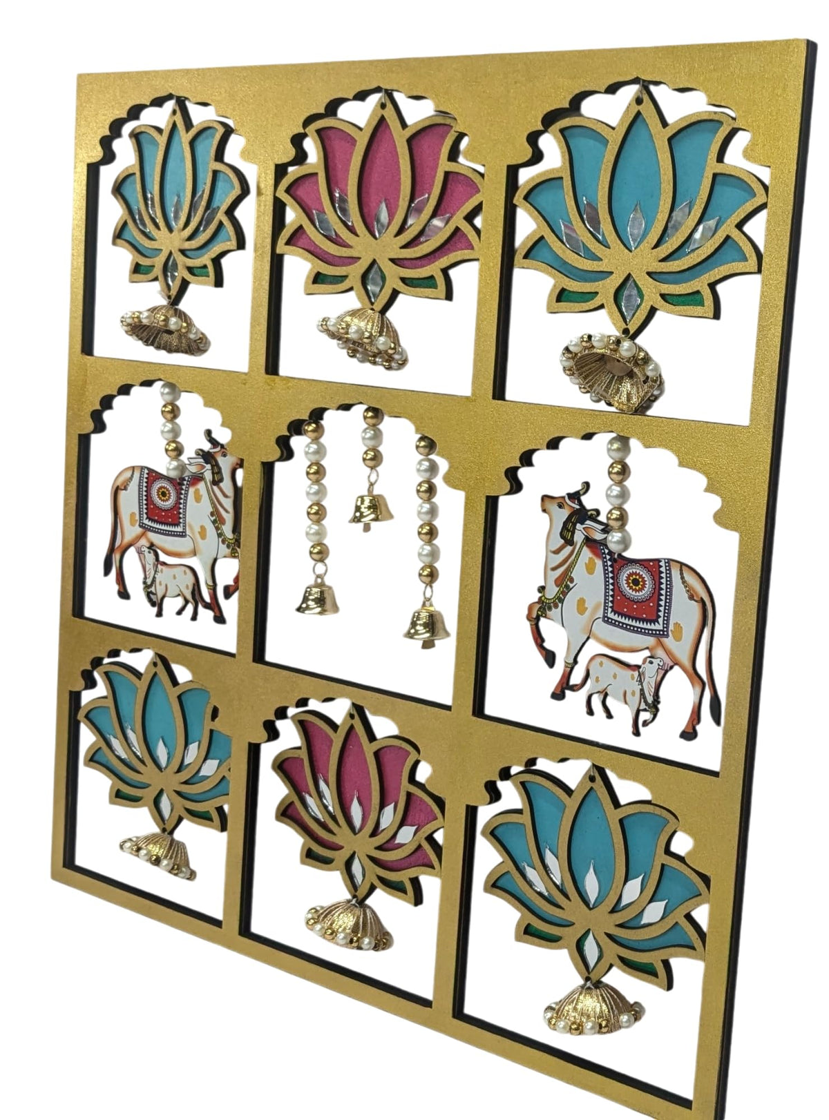 Hand-Painted Pichwai Jharokha with Lotus, Cow & Calf – 18 Inch, Mirror Work