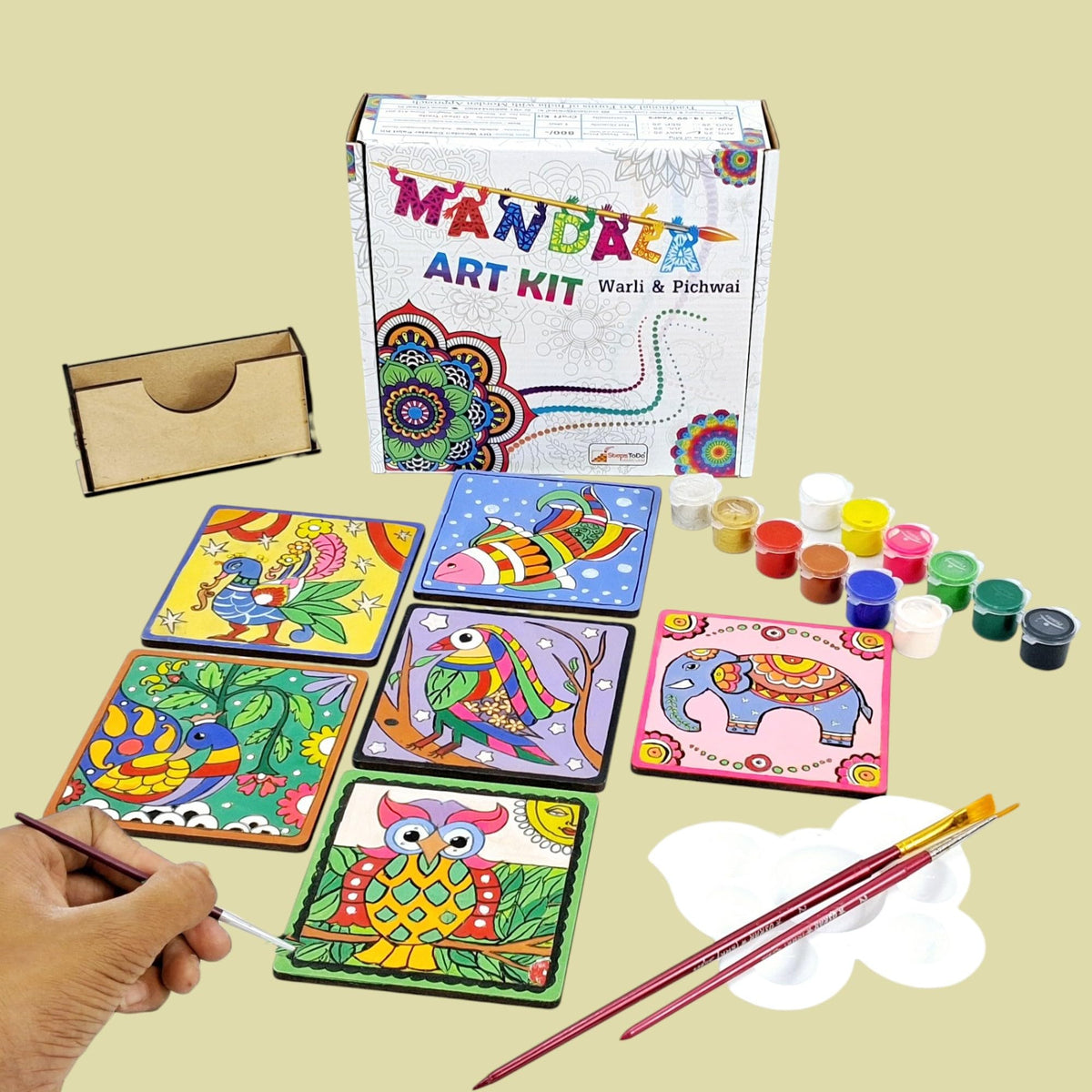 Madhubani Coaster Painting Kit – 6 Coasters, 12 Colours, Holder & Stand