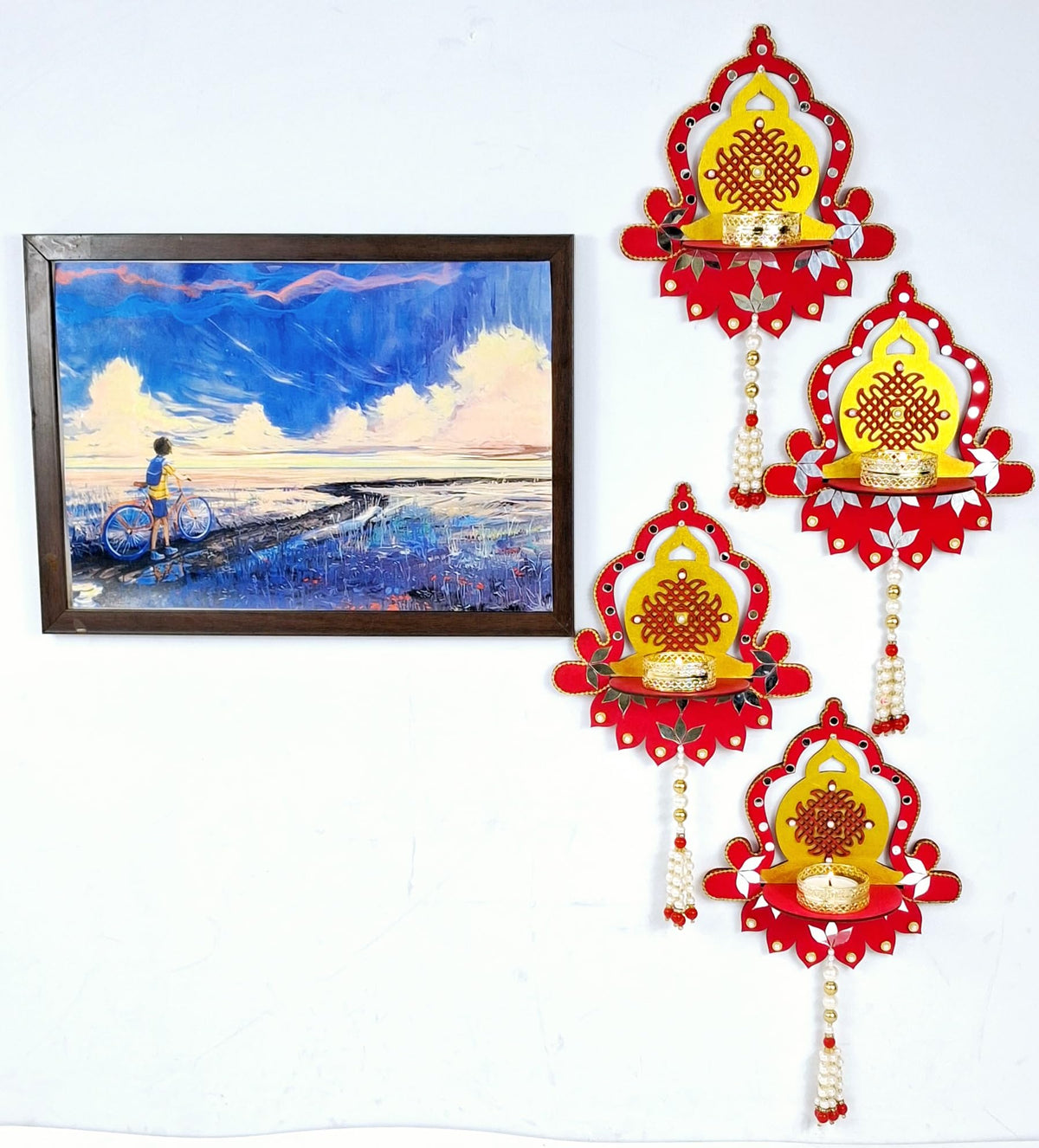 Hand-Painted Diya Jharokha – Red & Yellow, Mirror Work & Pearl Hanging